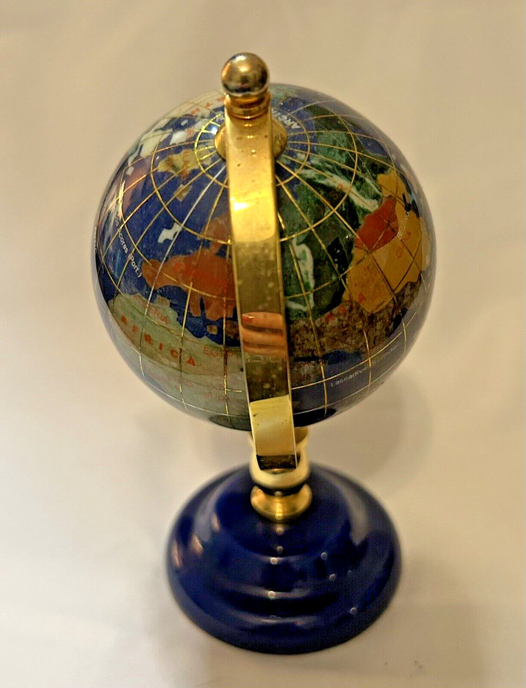 Blue Lapis Semi-Precious Gemstone Tabletop Globe Gold Stand 5.5"