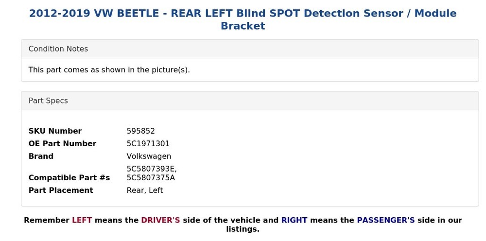 2012-2019 VW BEETLE - REAR LEFT Blind SPOT Detection Sensor / Module Bracket