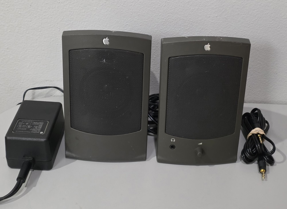 Vintage AppleDesign Wired Apple Computer Speakers M2497 Gray 1993 Pair + Cables