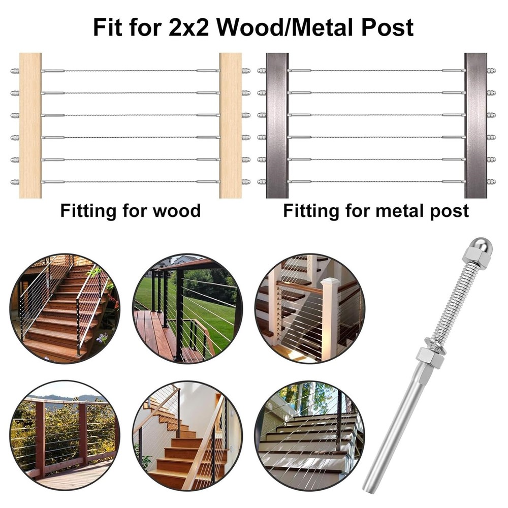 Cable Deck Railing Swage Threaded Terminal End Fitting for 1/8" Cable Wood Metal