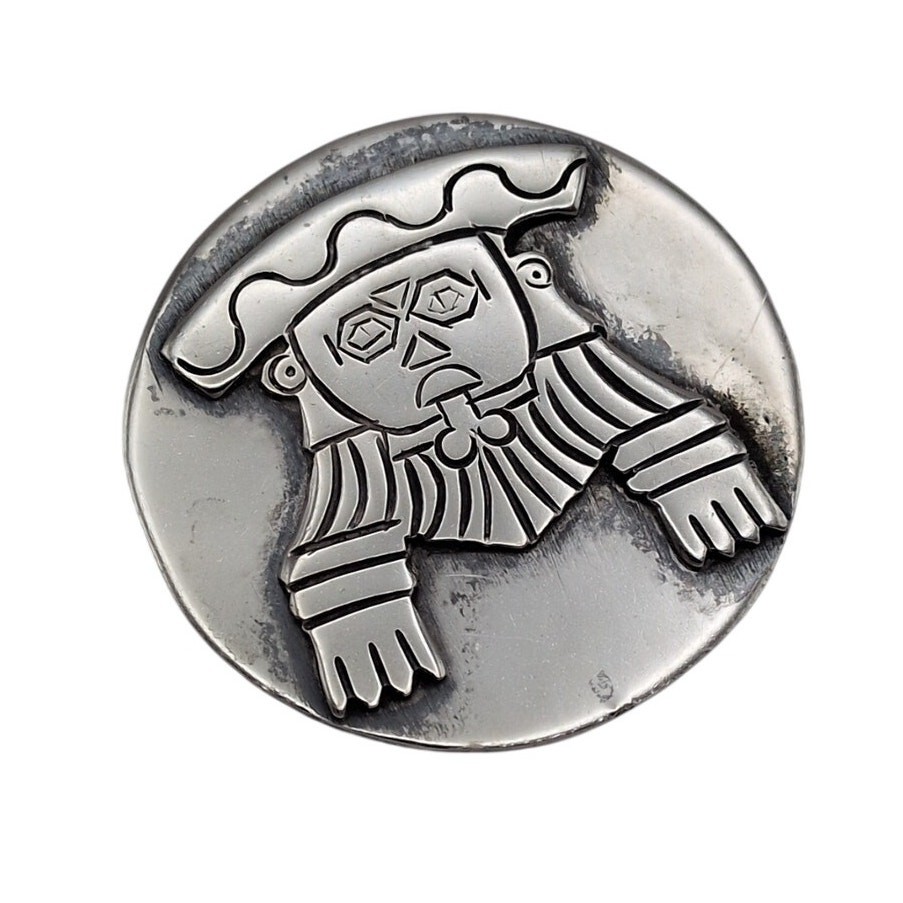 Vintage Taxco 980 Sterling Silver Mexico Round Etched Figure Brooch 1.6in 17.60g