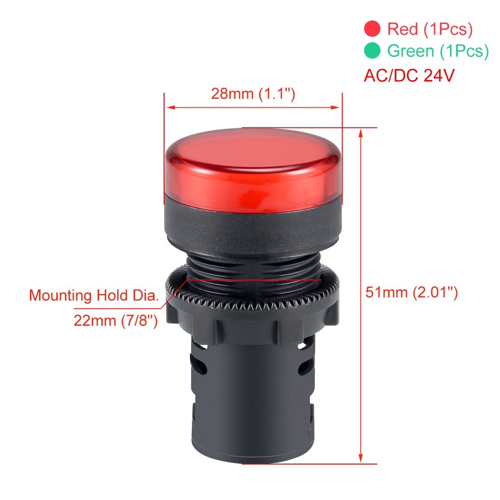 2Pcs AC/DC 24V Indicator Lights Red+Green LED, Flush Panel Mount 7/8" 22mm