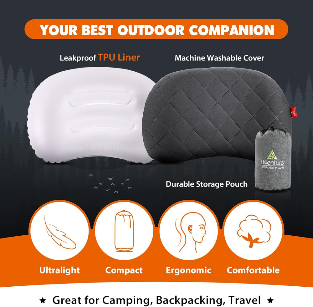 Double Sleeping Pad Foot Pump with 2 Inflatable Camping Pillows Grey