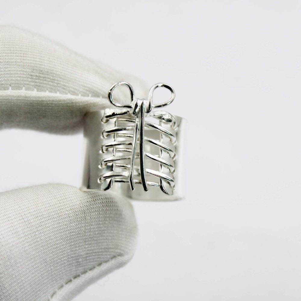Solid 925 Sterling Silver Wire Wrap Ribcage Bow Ring Wide Band Handmade For Her