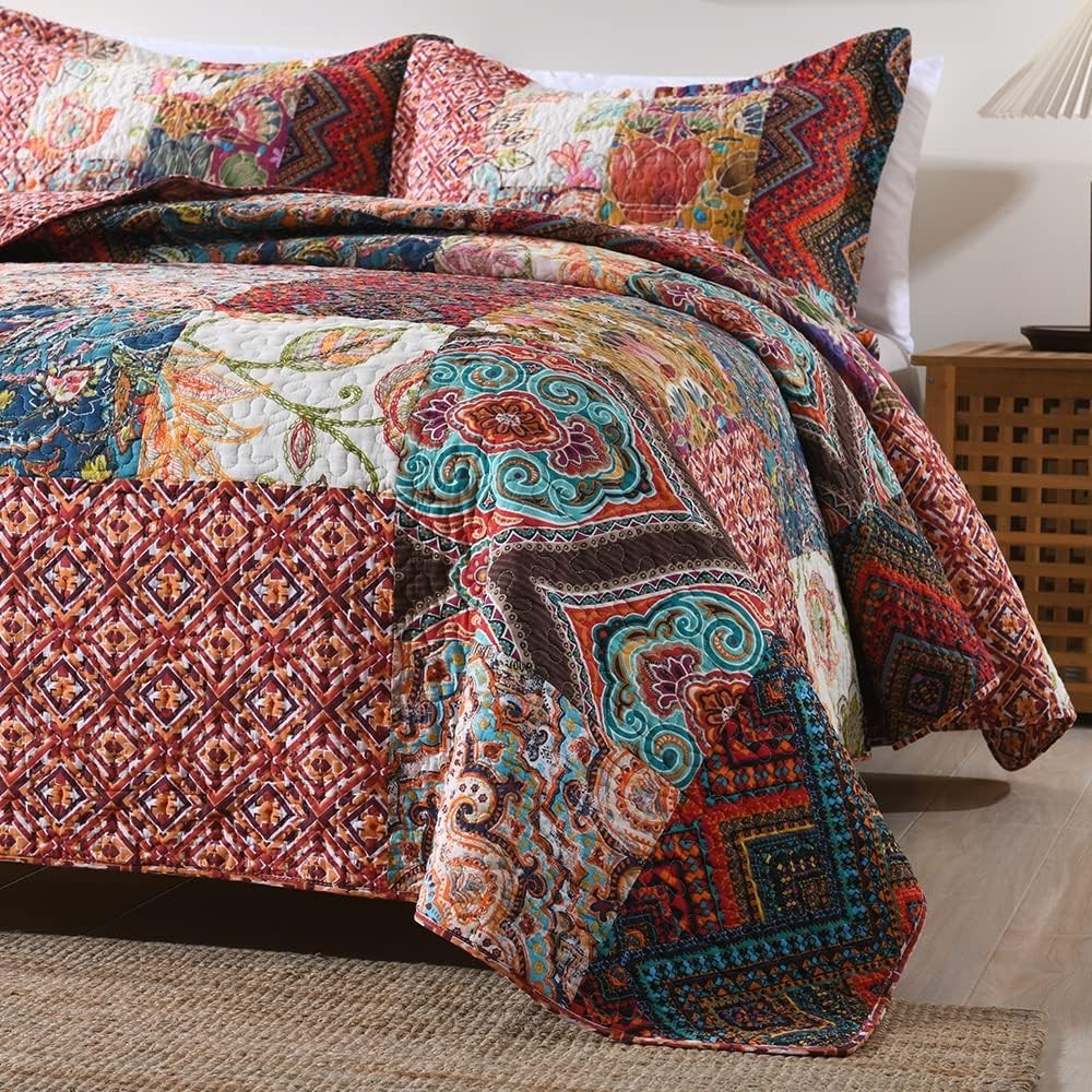 Cotton Patchwork Bedspread Quilt Sets, Reversible Bedding Coverlet Sets, Red ...