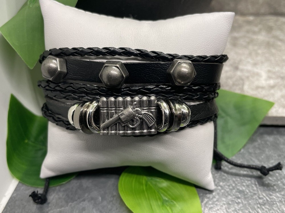 2 PC Leather Bracelet Stackable Adjustable Tie Free Ship B3278