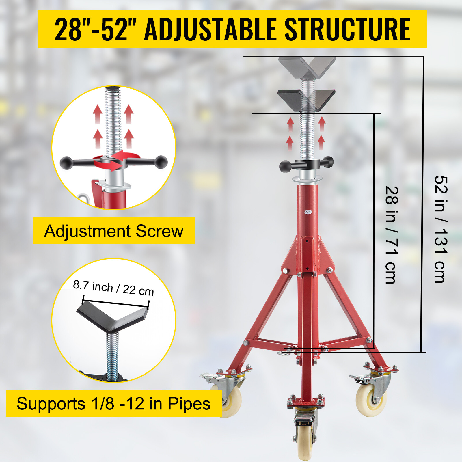 VEVOR Pipe Stand Fold-a-Jack V-Head 28-52 inch Height 12" Pipe 882 lb w/Casters
