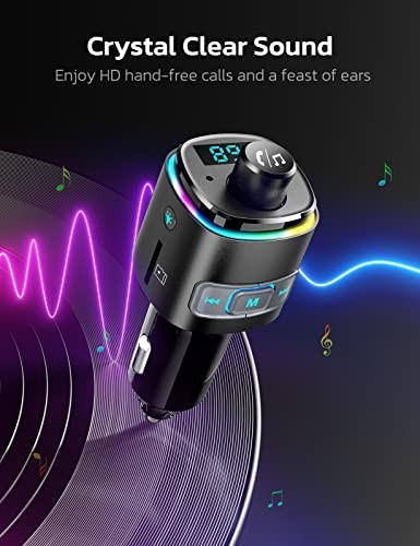 Bluetooth FM Transmitter Car Adapter, QC3.0 Fast Charge, Wireless Radio Kit, 7 C