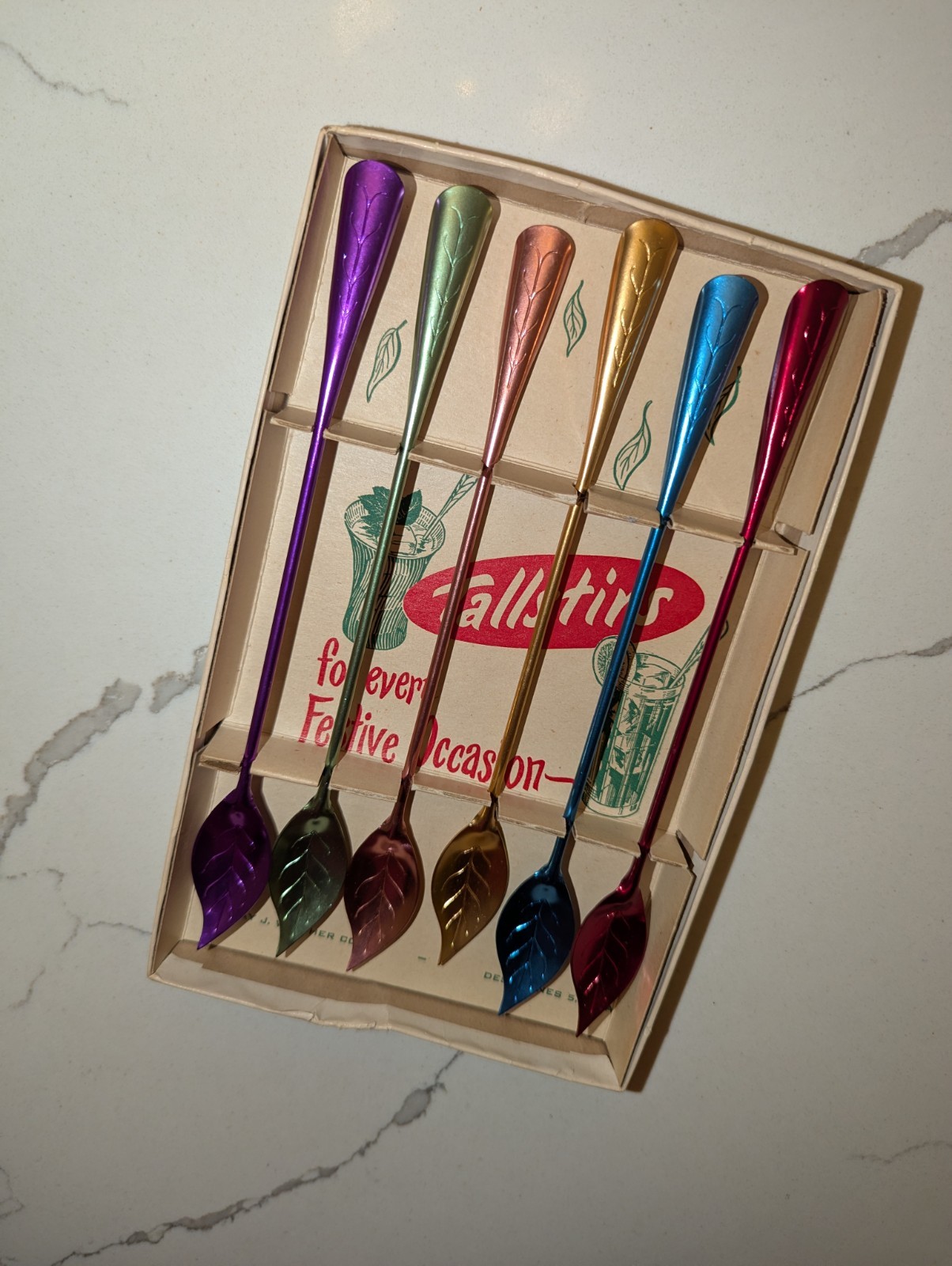 Tallstirs Aluminum Leaf Spoons MCM 1950s Original Box Bar Mid-century Modern