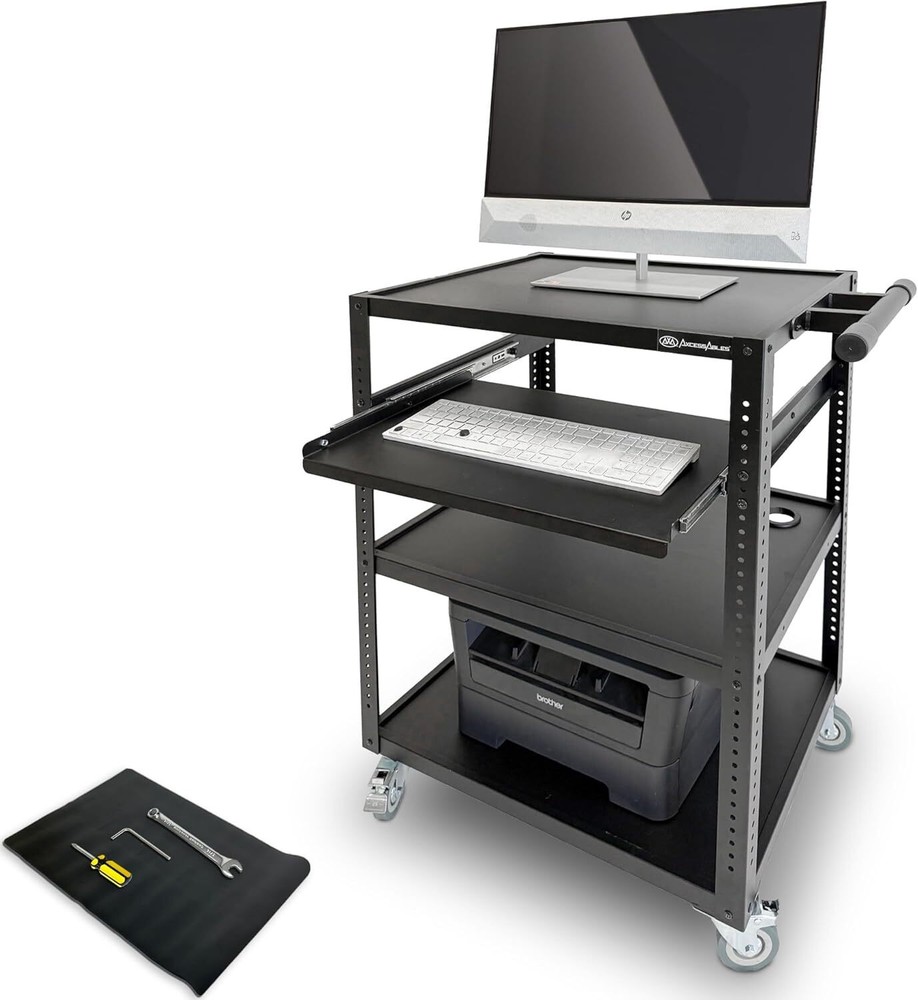 AxcessAbles Mobile AV Utility Cart with Locking Casters & Pullout Keyboard Tray