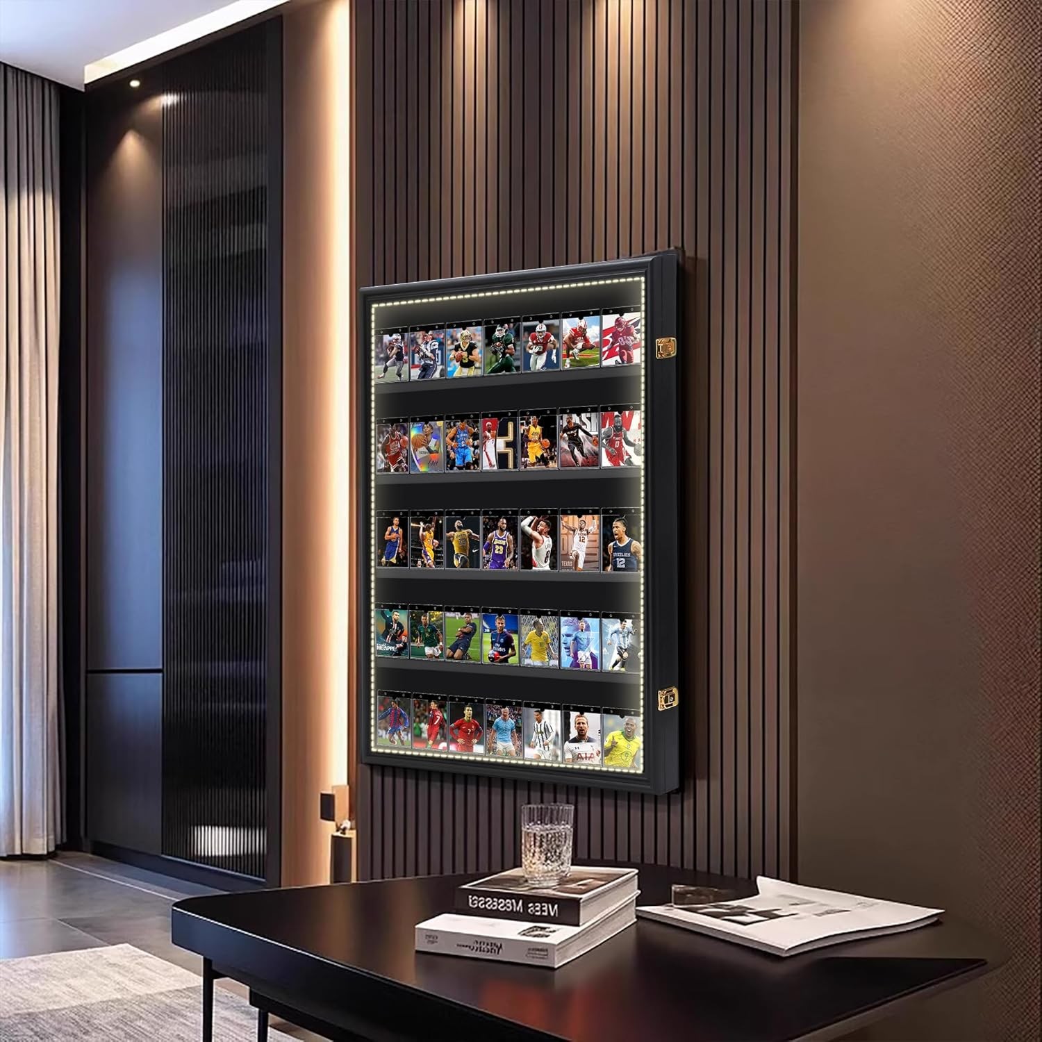 Graded Trading Card Display Case 35 LED Light Sport PSA Slabs Wood Wall Cabinet