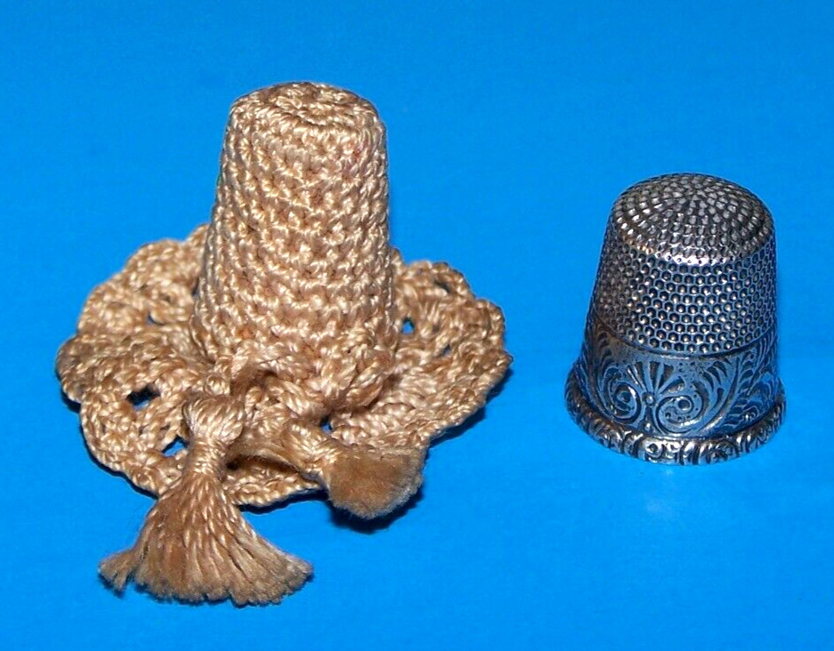Vintage Sterling Silver #12 Monogram / Engraved Thimble & Crochet Thimble Holder