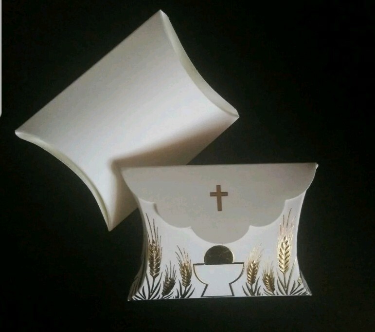 10 First Communion White & Gold Pillow Boxes