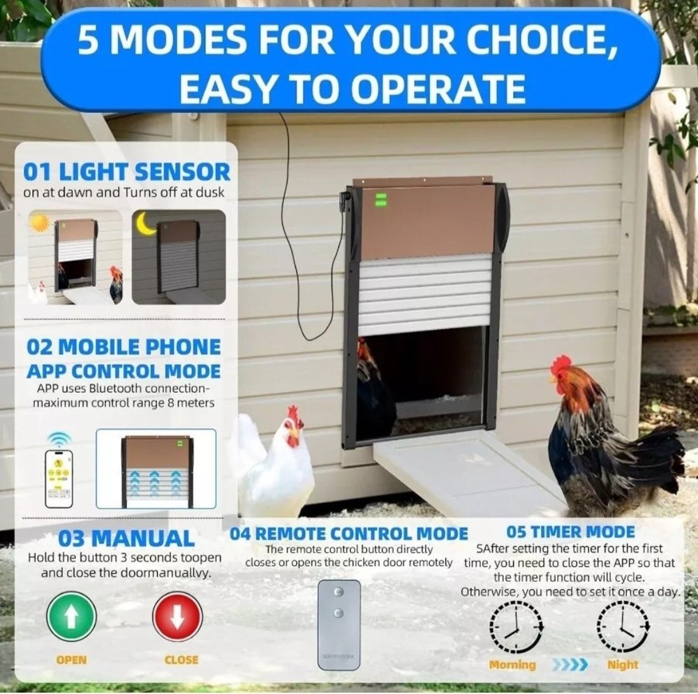 Smart Automatic Chicken Coop Door Solar Powered Timer/Light Sensor Setting Remo