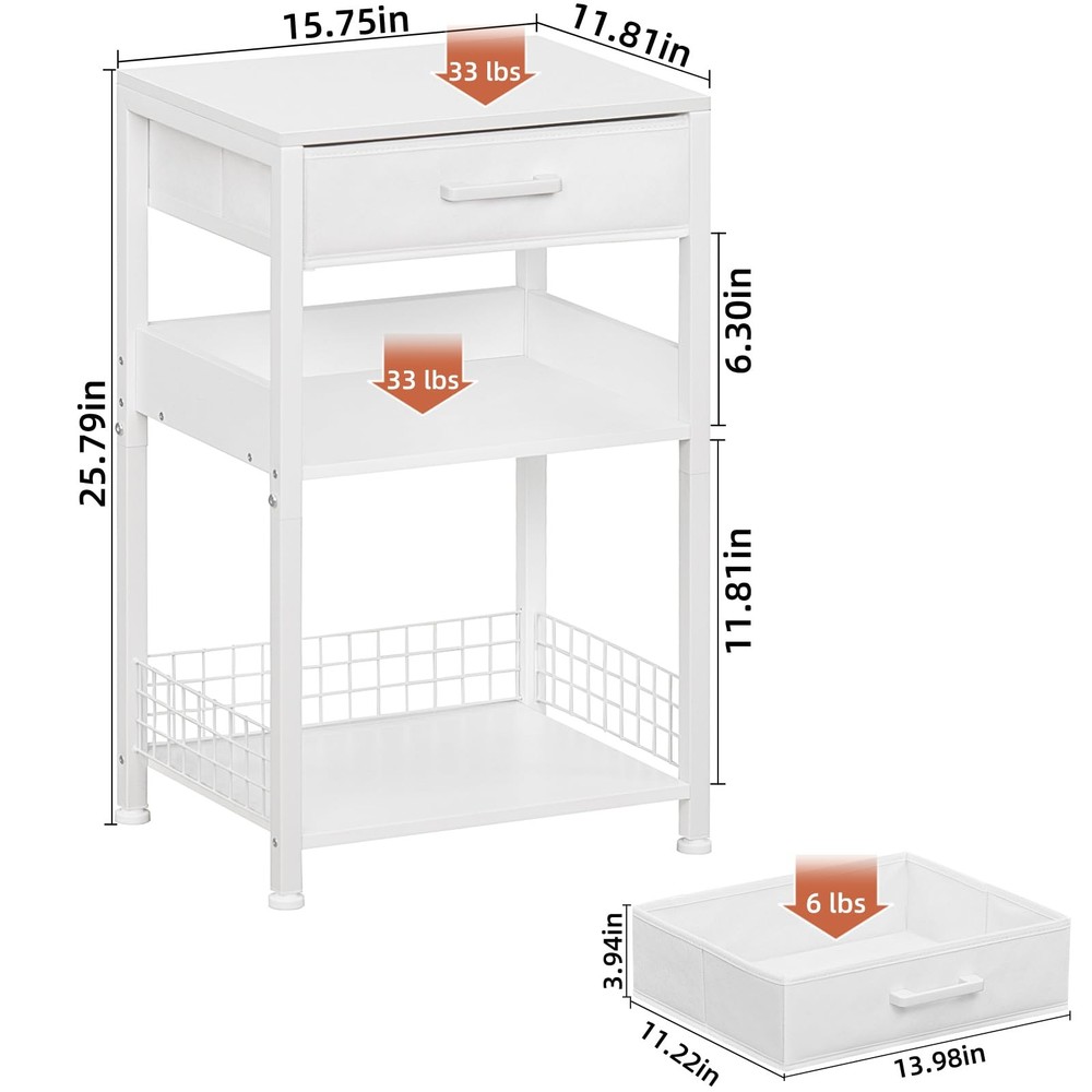 White Printer Stand with Fabric Drawer, 3 Tier Industrial Side Table, Modern ...
