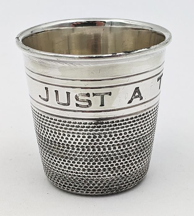 WILLIAM HUTTON SILVER PLATE 'JUST A THIMBLE FULL' SPIRIT MEASURE c1900