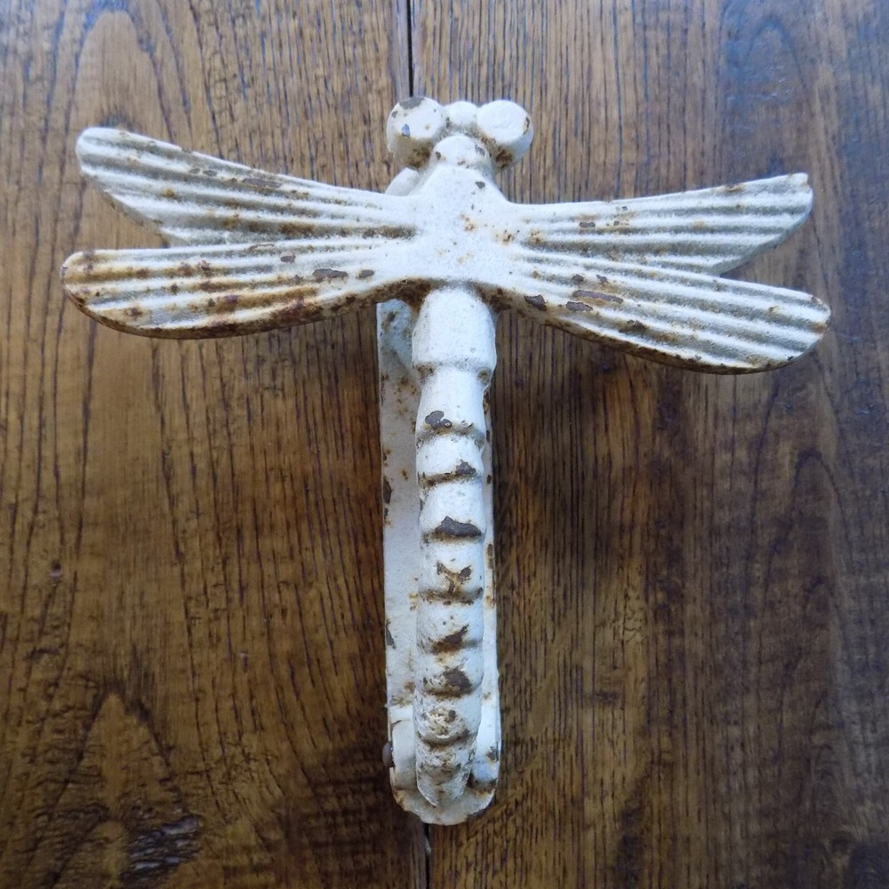 Vintage Rustic Painted White Cast Iron Dragonfly Door Knocker