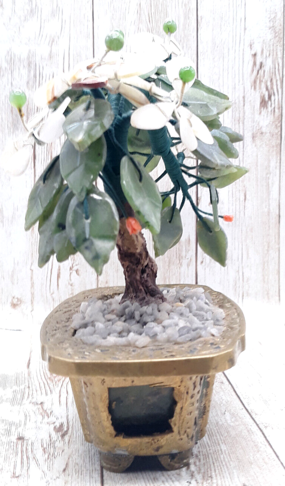 Hand Crafted Chinese Jade Bonsai Eucalyptus Tree Brass Base
