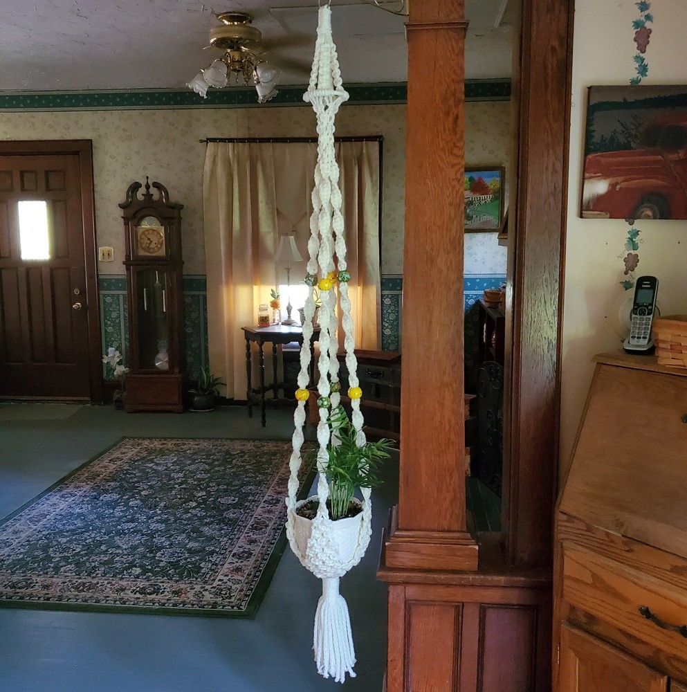 Vintage Long Macrame Hanging Plant Hanger Ceramic Beads Boho Approximately 64" *