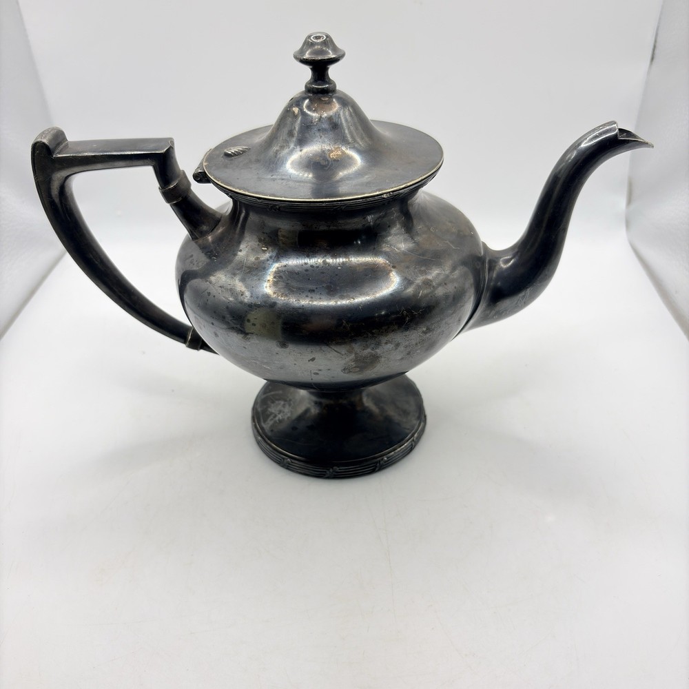 Vintage Silver Plate Footed Teapot Art Deco Style Pedestal Base Angular Handle