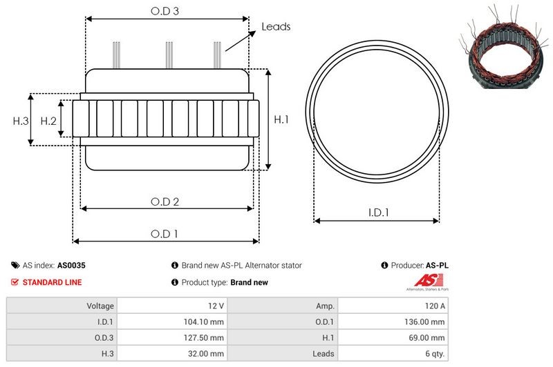 FOR CAR STARTER AS0035 STATOR, ALTERNATOR