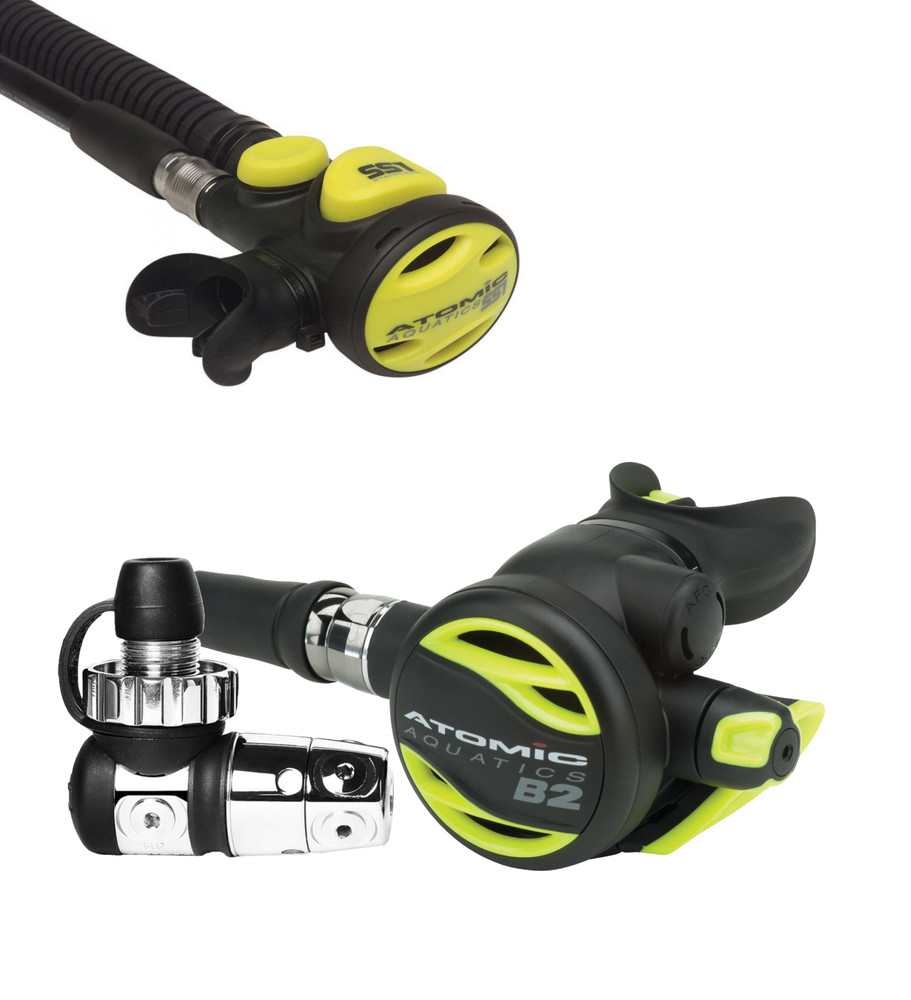 Atomic Aquatics B2 Regulator Din with SS1 Safe Second Stainless Red