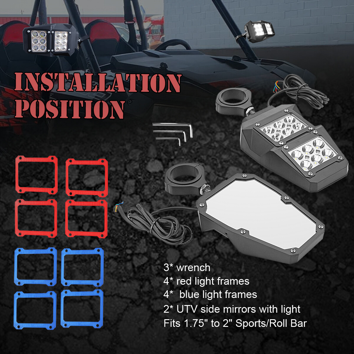 UTV Side View Mirrors w/ LED Spot Light For 1.75"-2" Can am maverick x3 RZR 1000