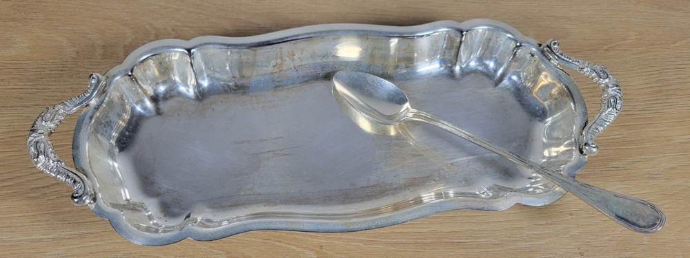 Silver Plate Etched Serving Tray Footed with Handles 13" Rectangular