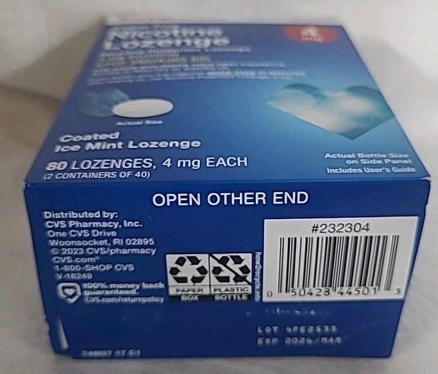 CVS HEALTH SUGAR FREE NICOTINE LOZENGE 4 mg COATED ICE MINT 80ct EXP. 03/31/2026