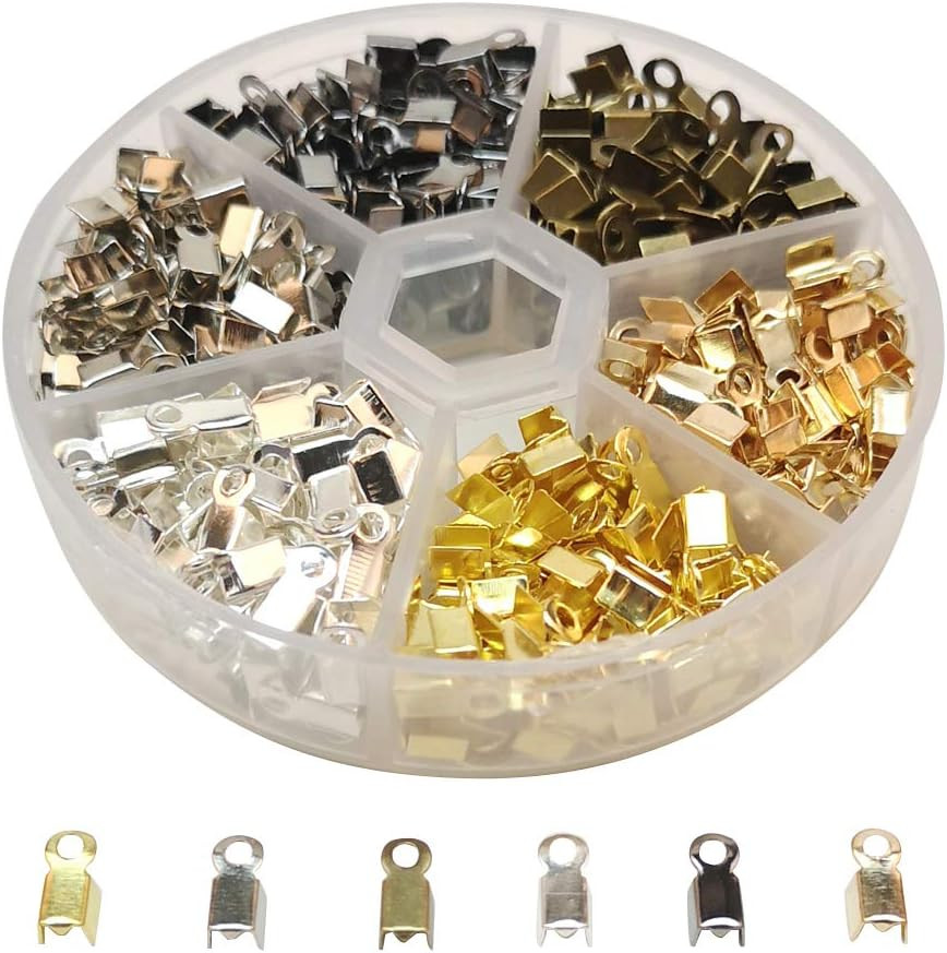 Assorted 6 Colors 540Pcs Iron Fold over Cord Ends Terminators Crimp End Tips for
