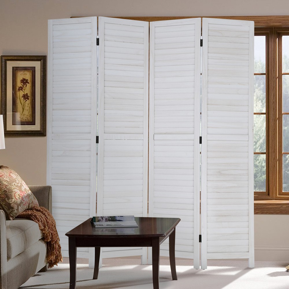 3/4 Panel Wood Room Divider Privacy Wall Divider Folding Wood Screen Panel White
