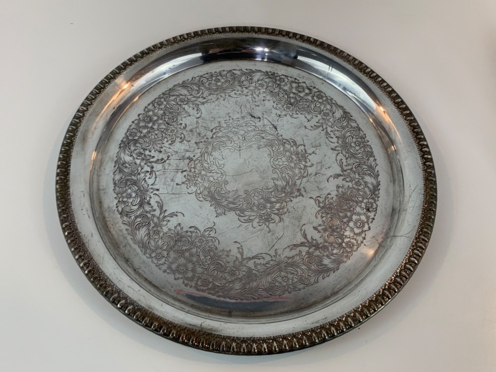 Wilcox International Co. Brendon Hall Silver Plate Round Tray w/ Floral Dec.