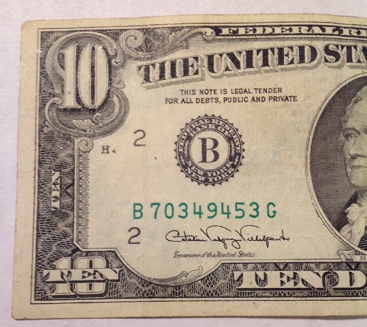 1990 $10 FRN ERROR INK SMEARED
