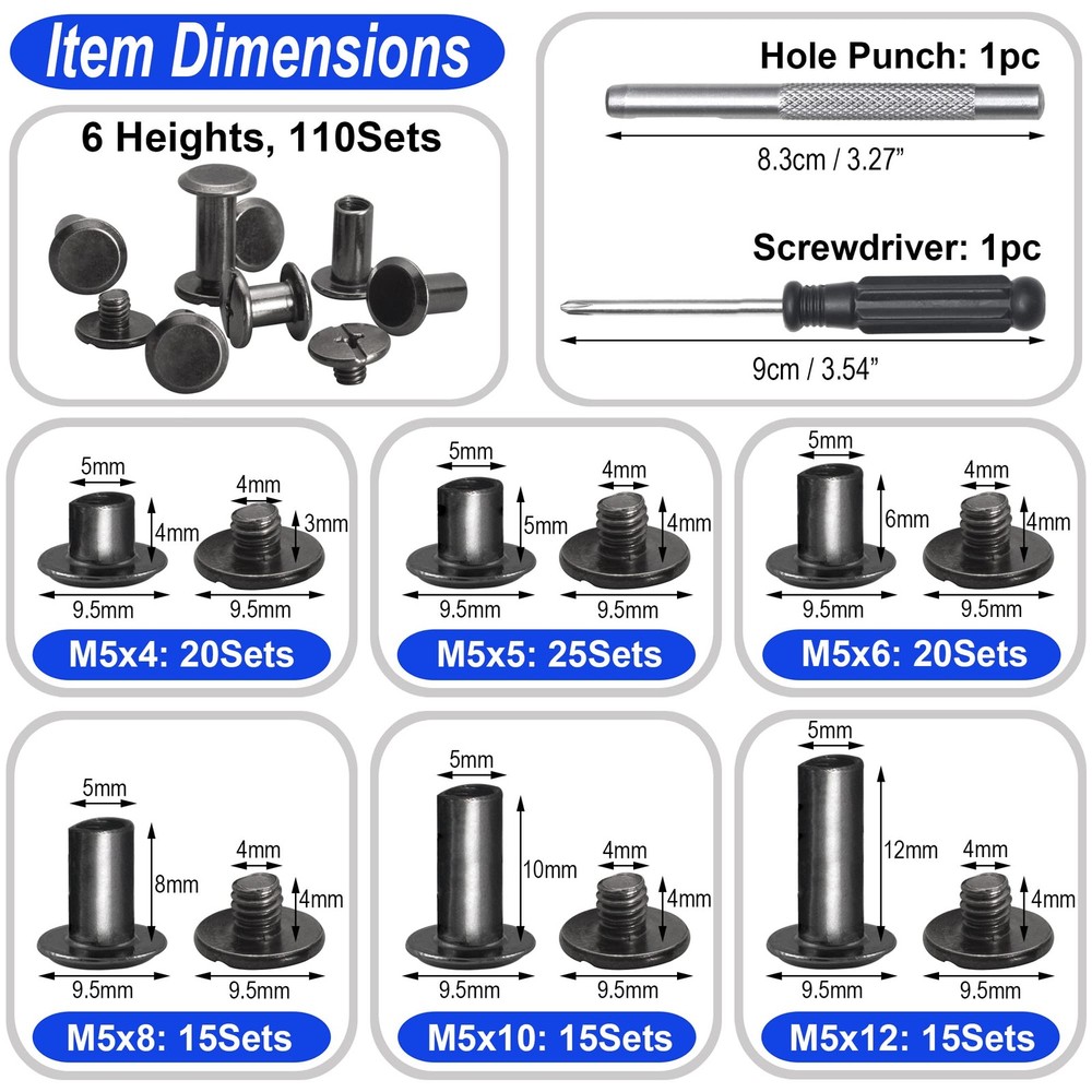 110Sets Chicago Screws Leather Rivets Assorted Screw Rivets Chicago Binding S...
