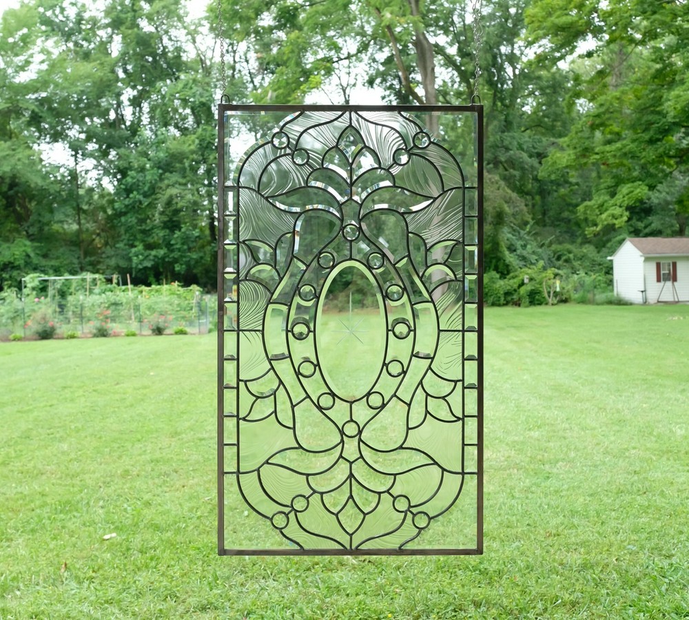 Stunning Handcrafted All Clear stained glass Beveled window panel, 20" x 34"