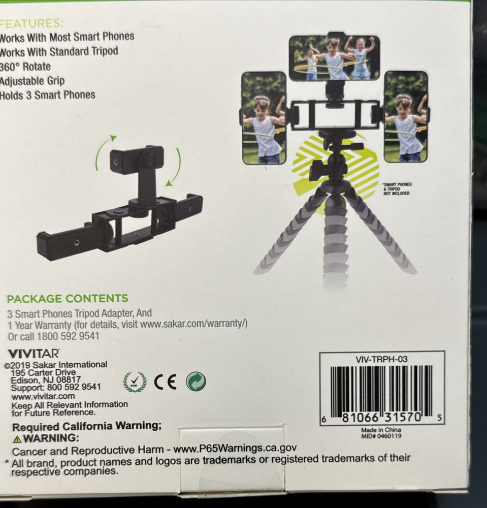 Vivitar Tripod Adapter 3 Smartphones Adjustable Grip Easy Mount