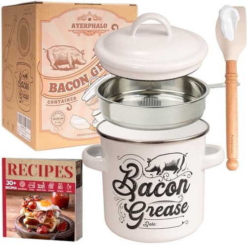 Bacon Grease Container with Strainer - 46OZ Large Capacity, With 46oz White