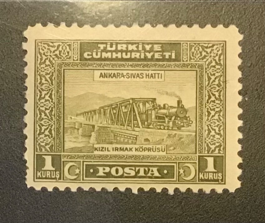 Turkey one Kurus train over bridge stamp 1930 MLH TK