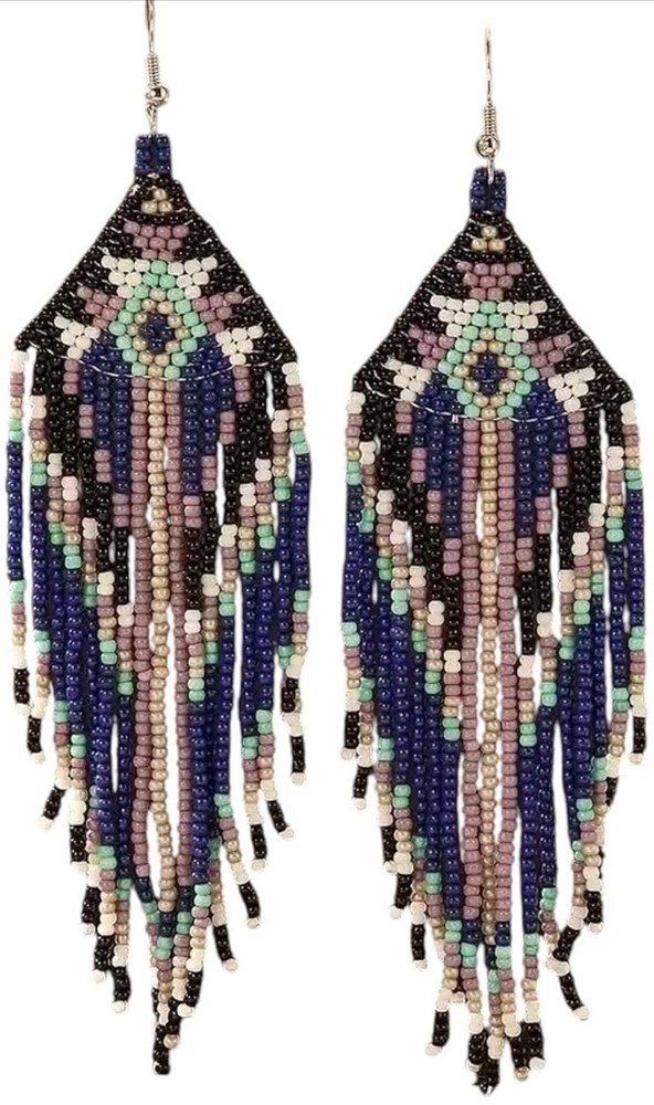Long Beaded Dangle Earrings – Boho Native Handmade Seed Bead Tassel Bohemian