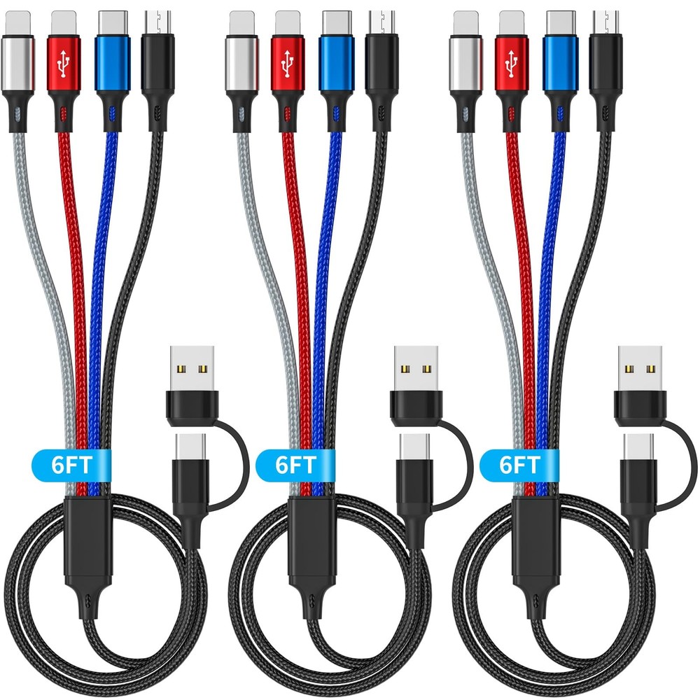 Multi Charging Cable (3Pack 6FT) 4 in 1 USB for 6FT, Black