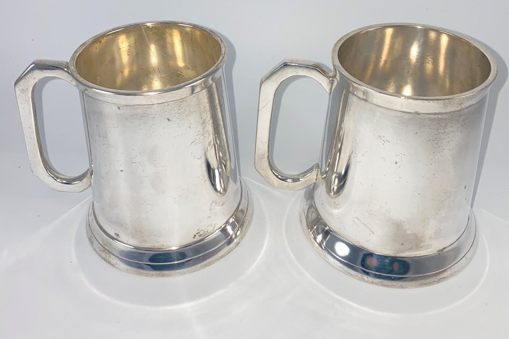 Pair 4.5" SILVER PLATED Tankards 2 plate tankard stein silverplate