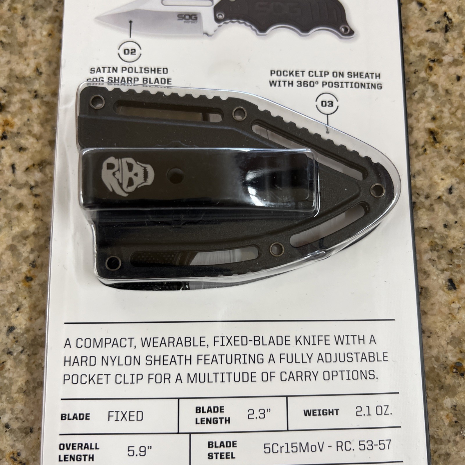 SOG Instinct G10 Fixed Blade Knife With Pocket Clip - New Sealed Free Shipping