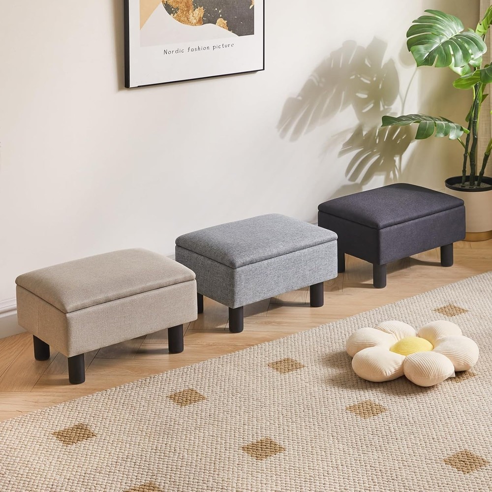 Storage Ottoman Footrest Stool with Linen Fabric, Rectangular, Flip Top Lid, ...