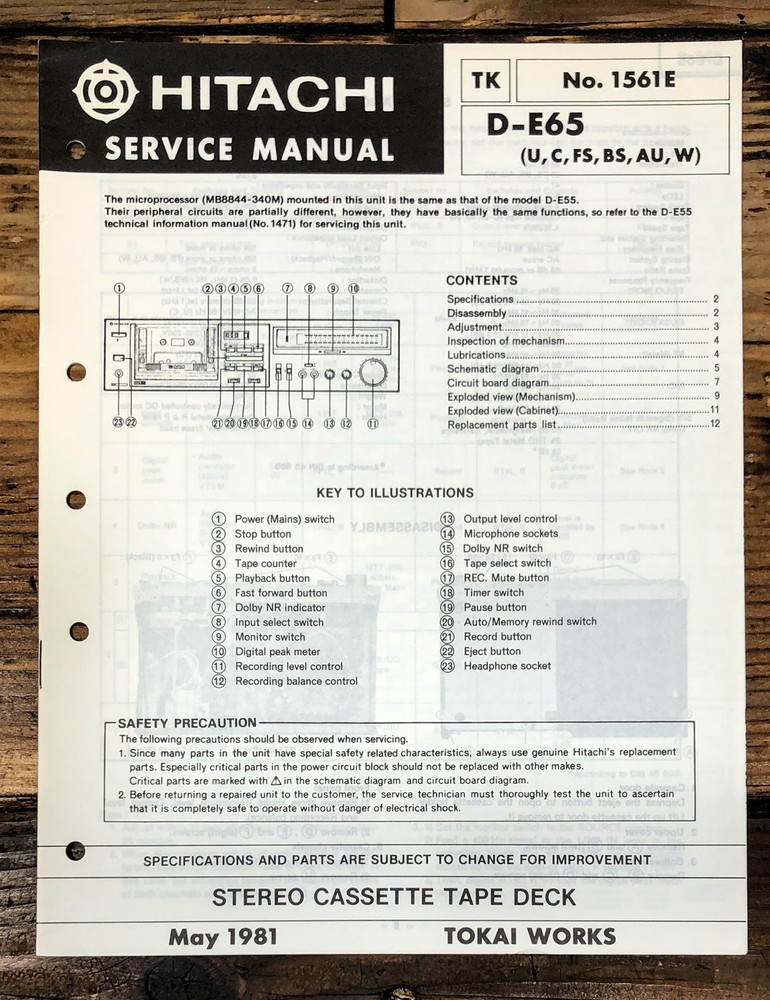 Hitachi D-E65 Cassette Service Manual *Original*