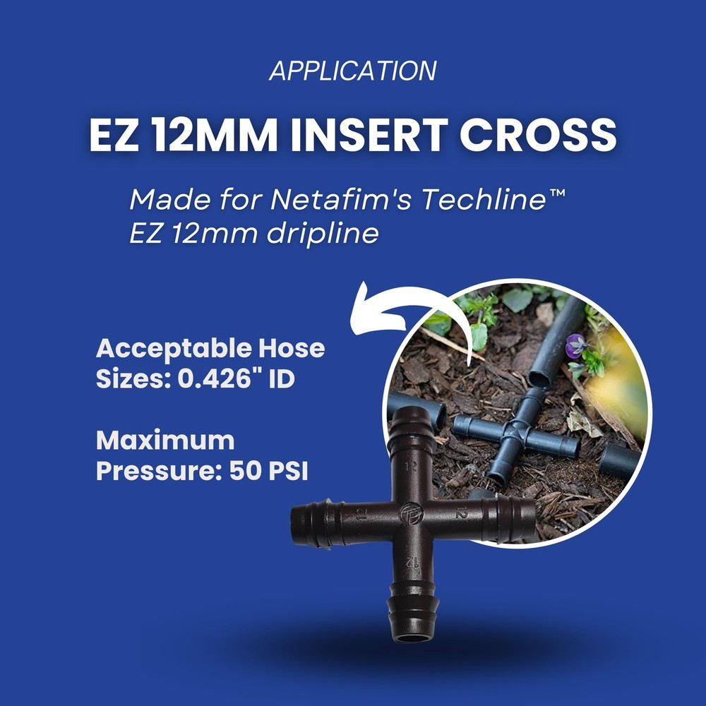 Netafim Techline EZ 12mm Insert Cross – 4-Way Barbed Fitting for Drip