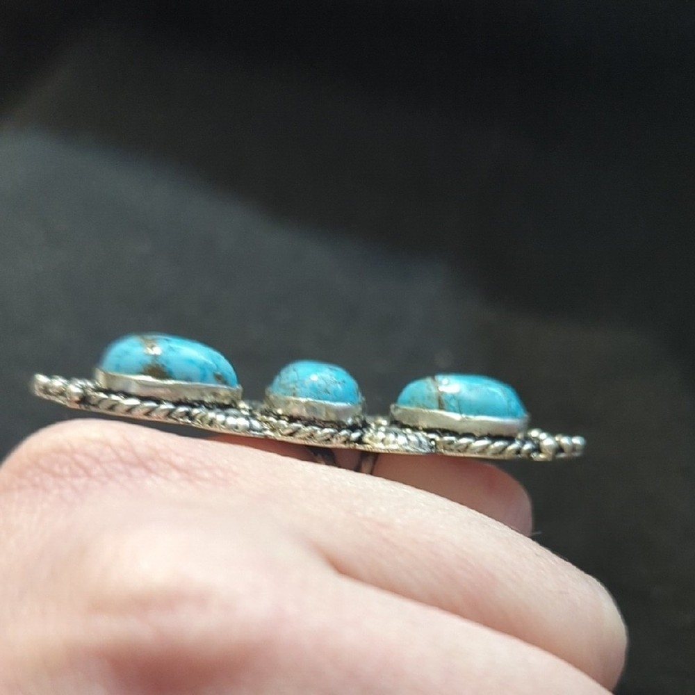 Silver Plated Chocolate Turquoise Gemstone Three Stone Statement Ring - size 6-9