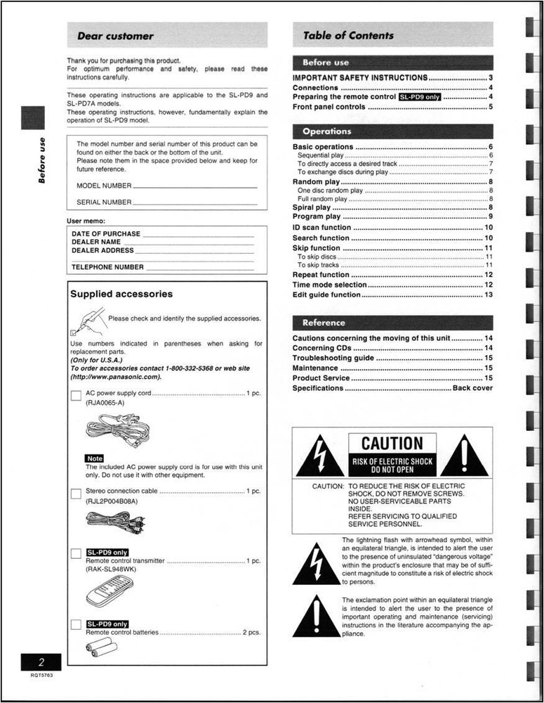 Technics SL-PD9 / SL-PD7A CD Player Owners Manual - Operating Instructions