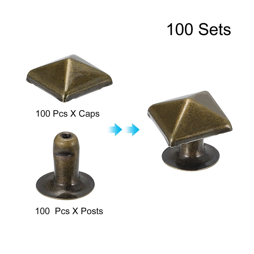 100 Sets Spike Rivet, 7mm Pyramid Rapid Rivet Studs Square Spikes, Bronze Tone