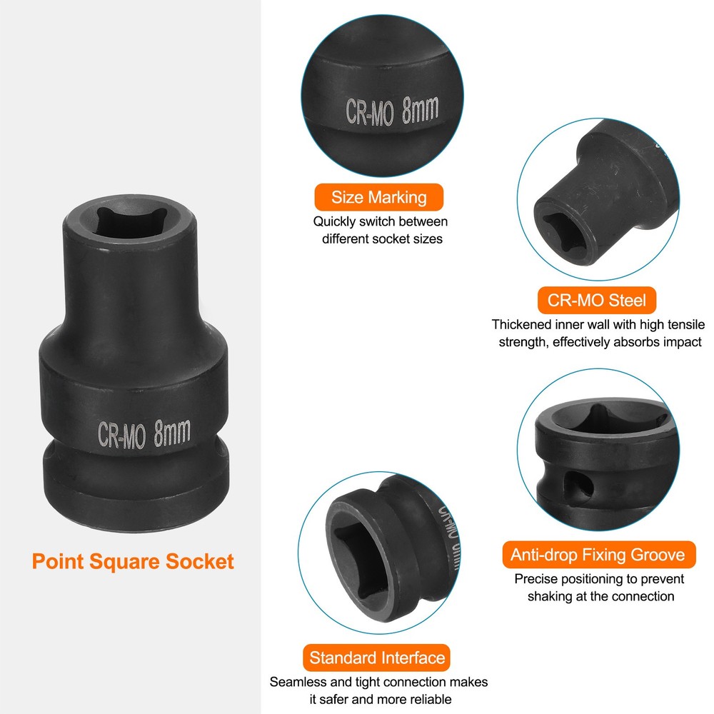 2pcs 4 Point Square Socket 1/2" Drive 8mm Metric CR-MO Impact Wheel Socket