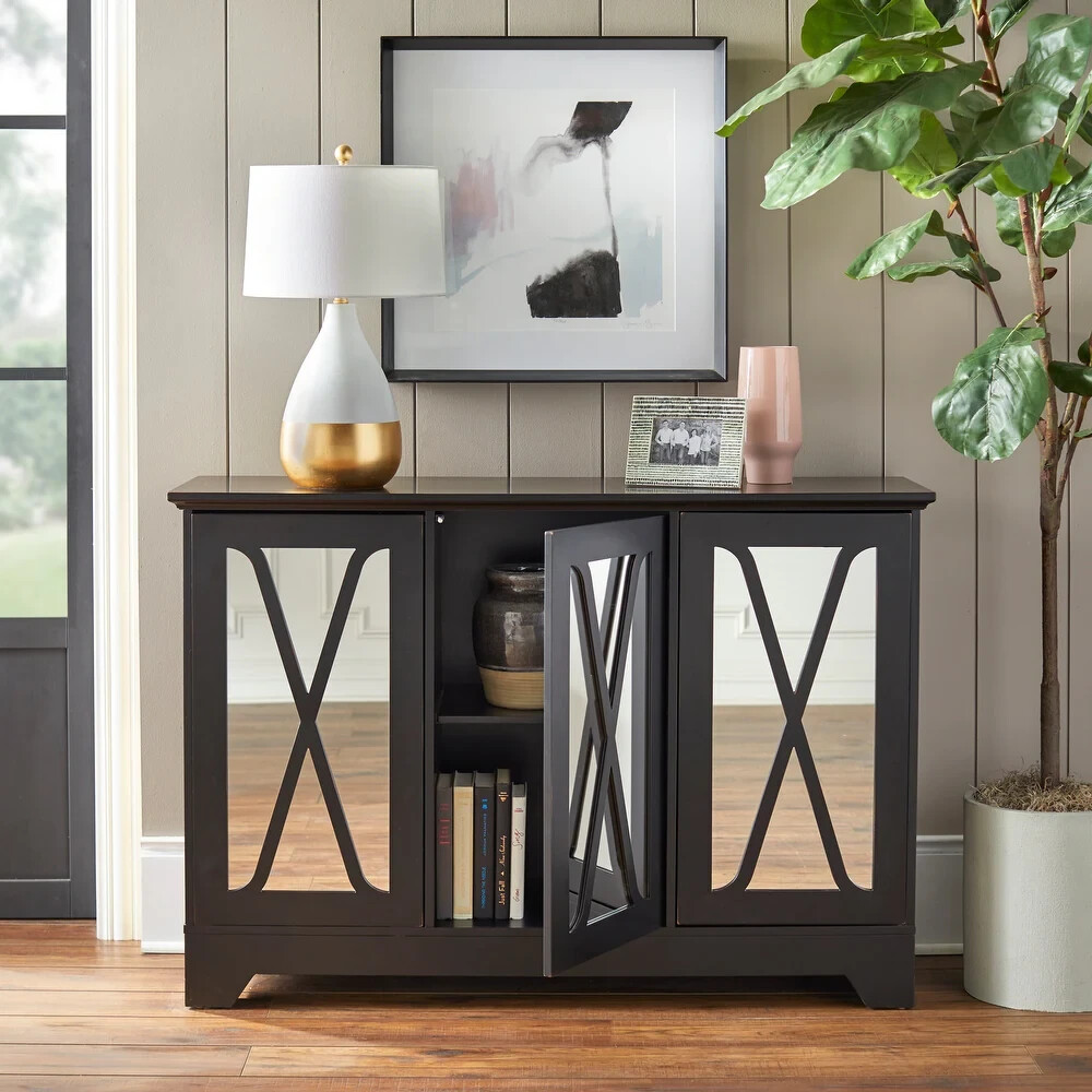 Mirrored Buffet Console Cabinet Storage Center Black Distressed Finished